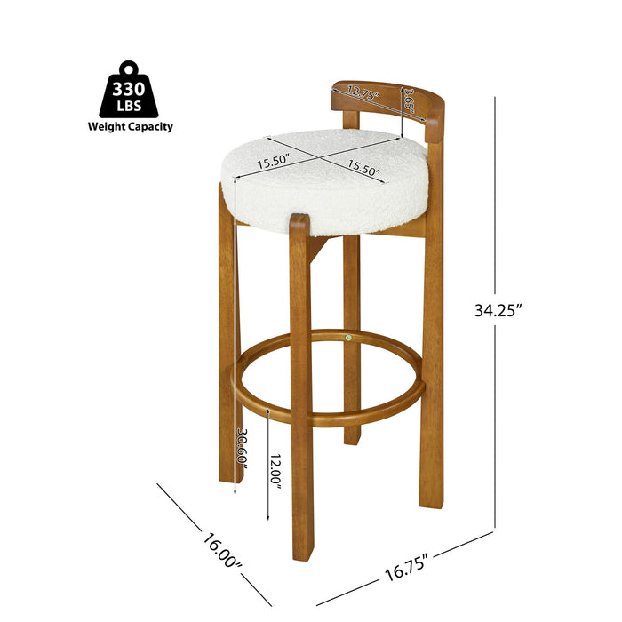 Elise Modern Round Seat Rubberwood Bar Stool Set of 2 with Curved Back Support and Sherpa Upholstery,White