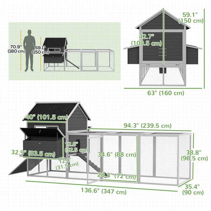 Pawhut 137\" Chicken Coop, Wooden Large Hen House With Chicken Run, Nesting Box, Poultry Cage For Outdoor, Backyard, Grey