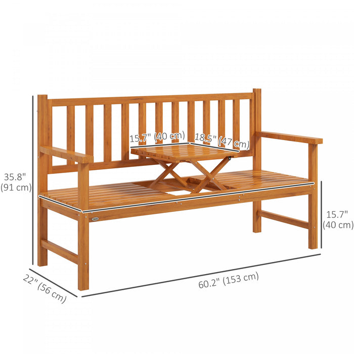 Outsunny Outdoor Bench With Liftable Middle Table, 60\" Wood Garden Bench