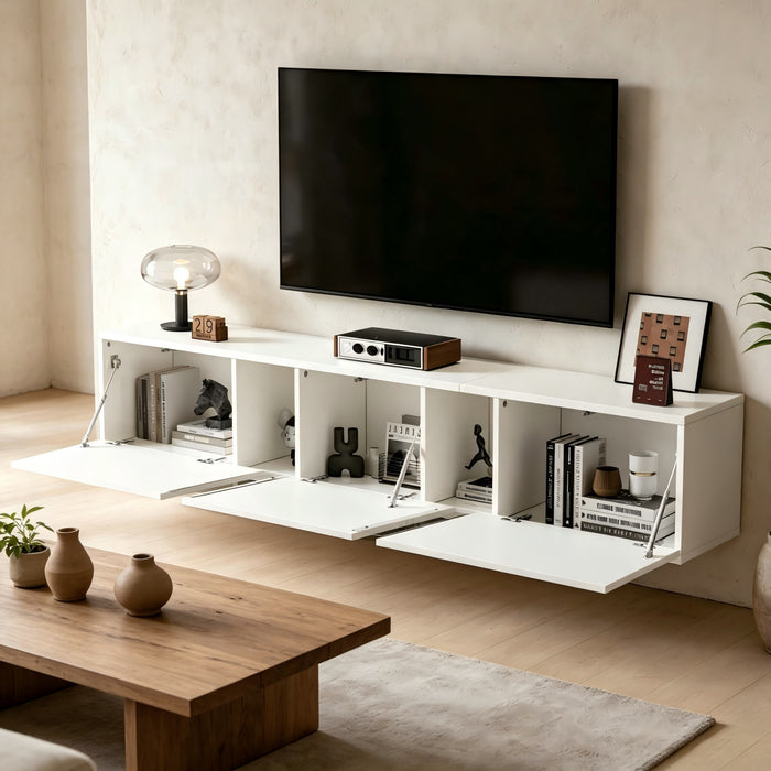 Lumina 64.9 Inch Wall-Mounted TV Cabinet with LED Lights and Acrylic Doors, White