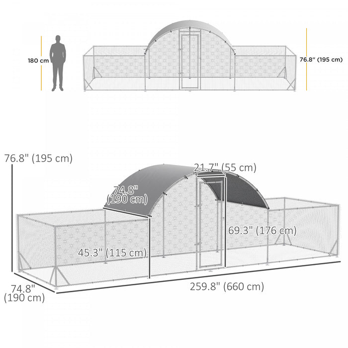 Pawhut Chicken Run, 23' X 6.6' Metal Chicken Coop With Waterproof And Anti-uv Cover, Dome Roof, Door, For 12-14 Chickens, Ducks, Rabbits, Sliver