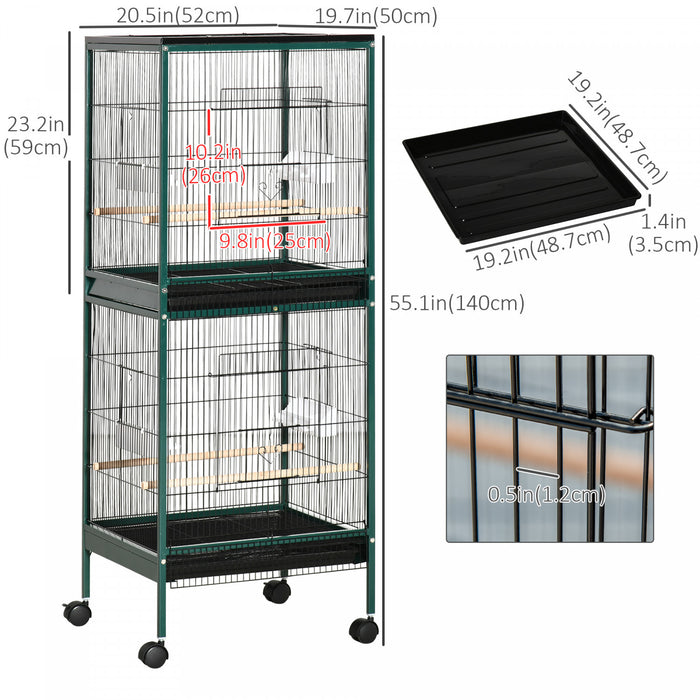 Pawhut 55.1\" 2 In 1 Bird Cage Aviary Parakeet House For Finches, Budgies With Wheels, Slide-out Trays, Wood Perch, Food Containers, Green