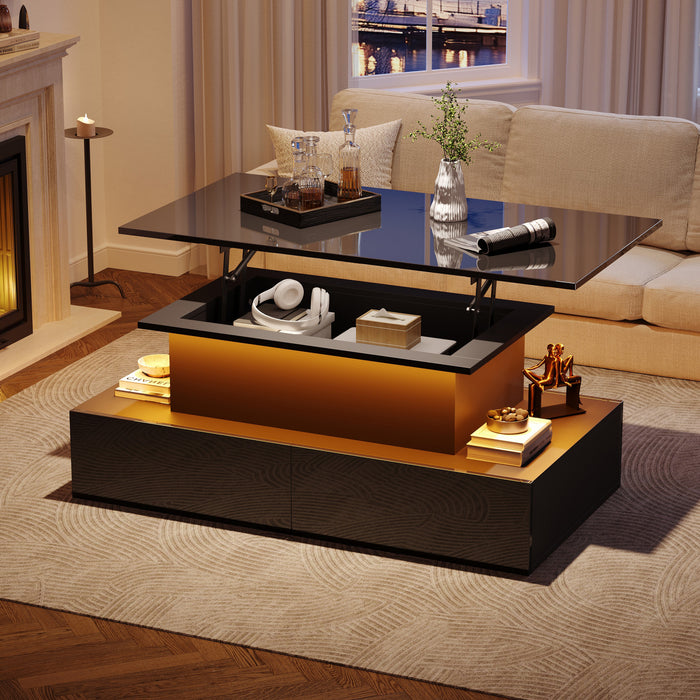 Ethan Lift-Top Coffee Table with LED Lighting and Storage Drawers,Black