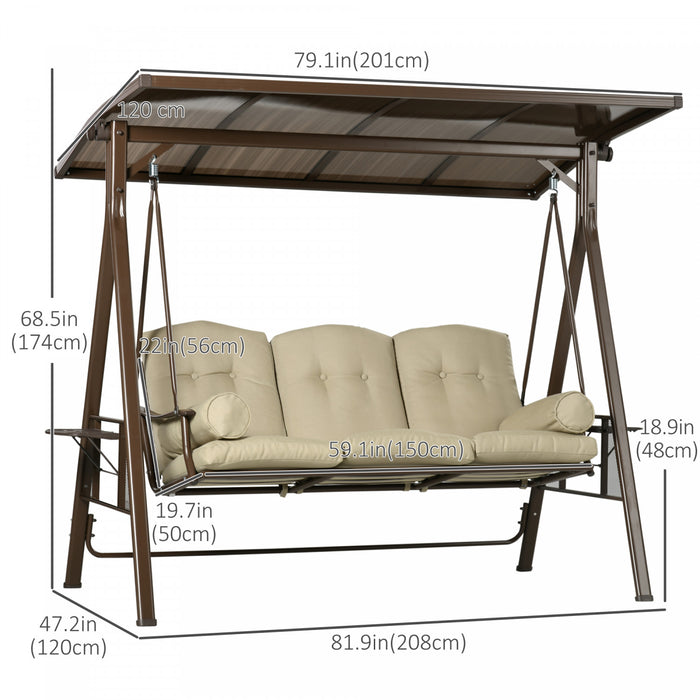 Outsunny 3-seat Patio Swing Chair, Outdoor Canopy Swing Glider With Cushion, Pillows And Adjustable Polycarbonate Canopy For Porch, Garden, Poolside, Backyard, Khaki