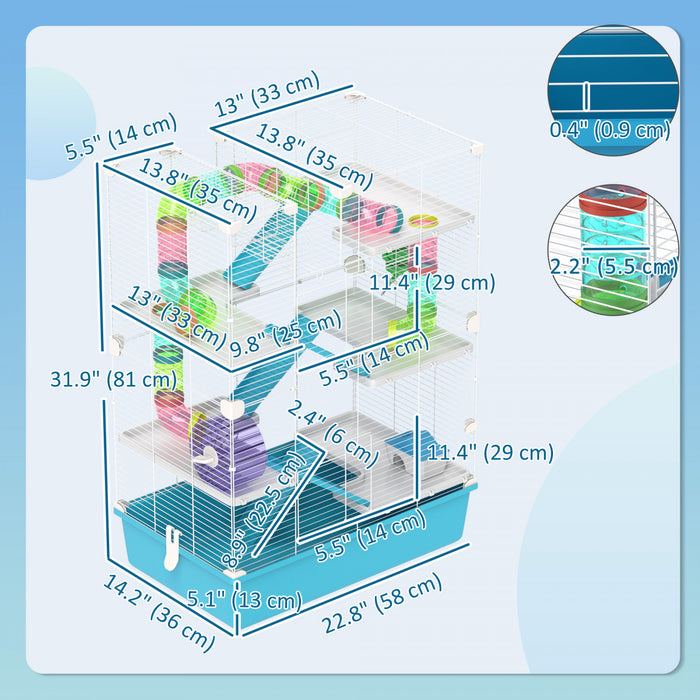 Pawhut 32\" Hamster Cage, 6 Tier Small Animal Cage With Tunnels And Tubes, Diy Design Gerbil Cage With Hut, Wheel, Food Dish, Water Bottle, Ramps, For Dwarf & Gerbil, Light Blue