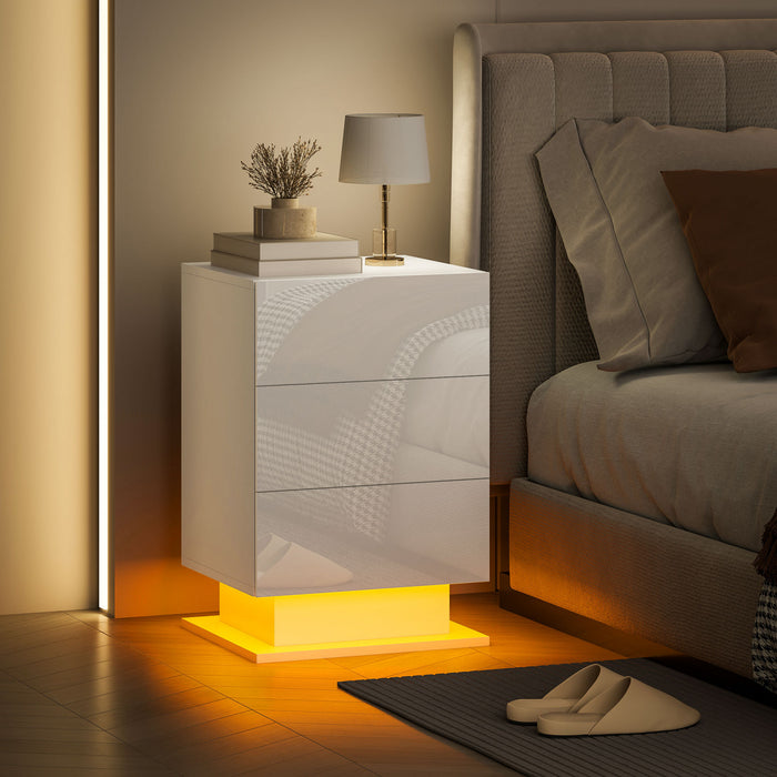 HOMCOM Modern LED Nightstand Bedside Table with Drawers, Glossy White