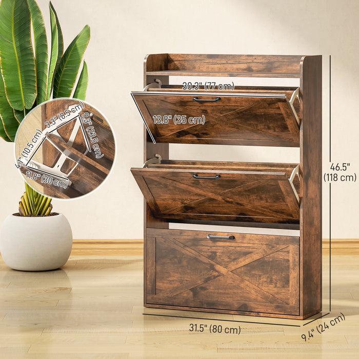 HOMCOM Narrow Shoe Cabinet Farmhouse Shoe Storage Cabinet Rustic Brown