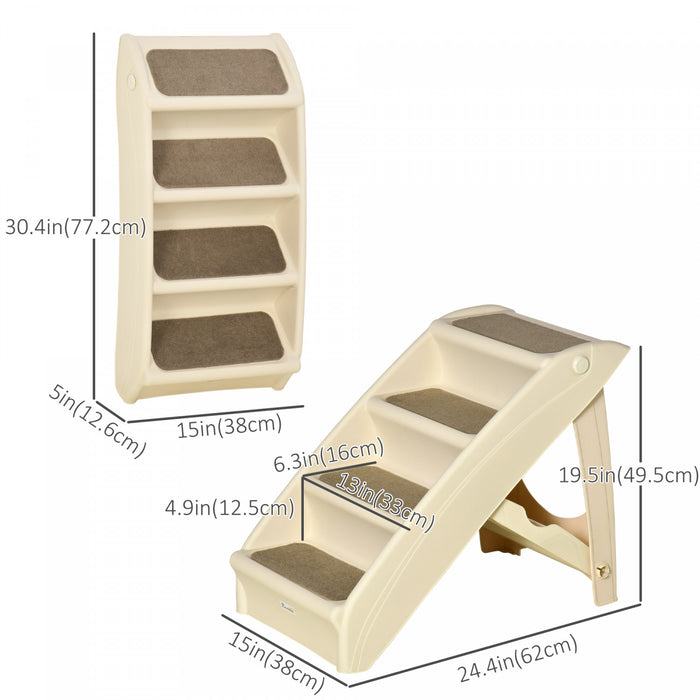 Pawhut 4-level Portable Dog Stairs, Foldable Dog Steps For Small Dogs, Lightweight Cat Steps, With Nonslip Soft Mats, For High Bed, Sofa, Beige