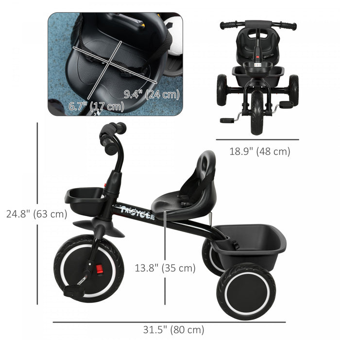 Qaba Large Kids Tricycle For Toddler 2-5 Year Old Girls And Boys, Toddler Trike Bike With Adjustable Seat, Safety Belt, Two Storage Baskets, Black