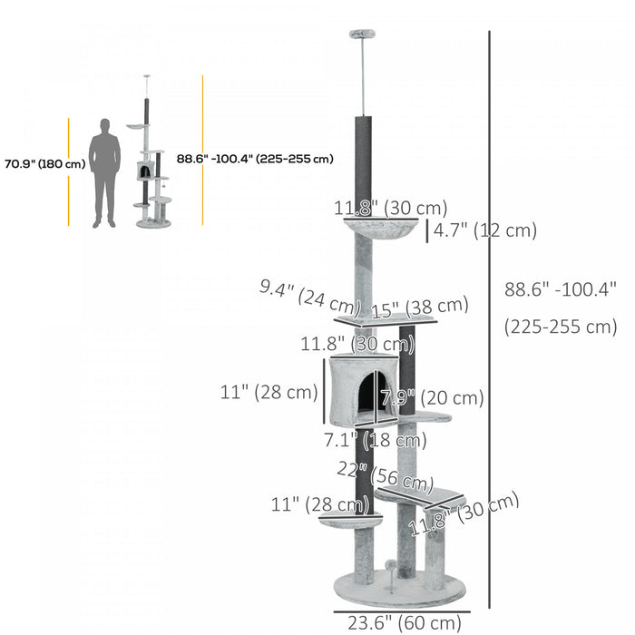 Pawhut Floor To Ceiling Cat Tree For Large Cats, 89\"-100\" Adjustable Height Cat Climbing Tower W/ Hammock, Scratching Posts, Condo, Perches, Toy Ball, Anti-tip Kit, Grey