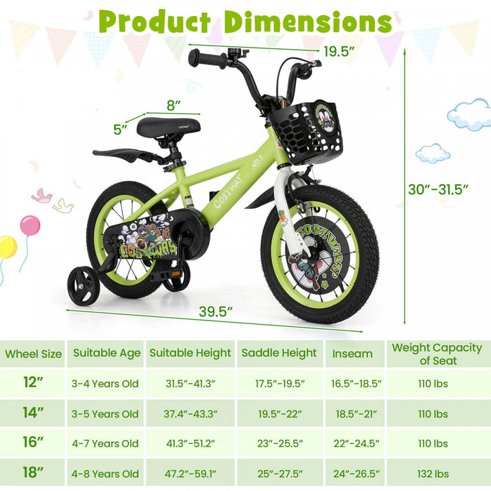 Costway 14\" Kid's Bike For 3-5 With Height-adjustable Handlebar & Saddle Handbrake Green
