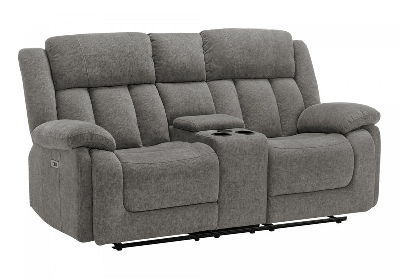 MONARCH SPECIALTIES 2-SEATER POWER RECLINING UPHOLSTERED LOVE SEAT, 76\" WIDE, LIGHT GREY FABRIC, TRANSITIONAL RECLINER