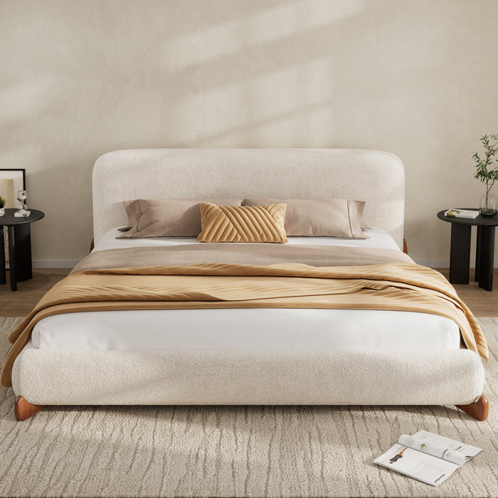 Emma Low Profile Platform Bed Frame with Curved Headboard and Boucle Upholstery, Queen Size,Cream White Queen Bed