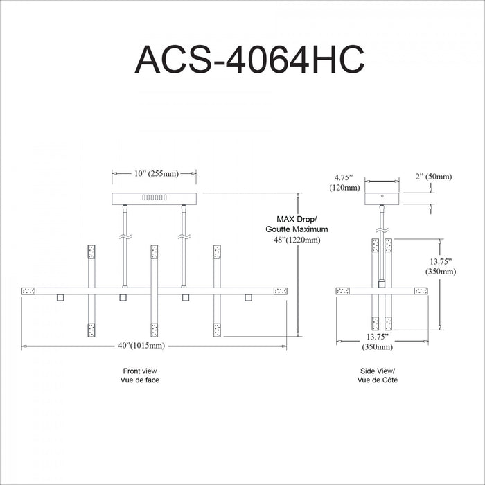 Dainolite Acasia Horizontal Chandelier 48w Polished Chrome Frosted Acrylic Diffuser Lamp