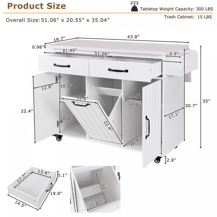 Nathan Kitchen Island With Tilt-out Trash Cabinet And Storage - White