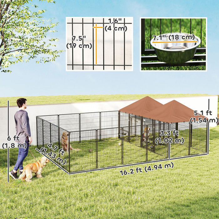PawHut Outdoor Dog Kennel with 2 Rooms, Heavy Duty Dog Run with Rotating and Adjustable Height Bowls, Waterproof UV-Resistant Cover for Large Breeds, Ducks, 13.5' x 9.5' x 5'