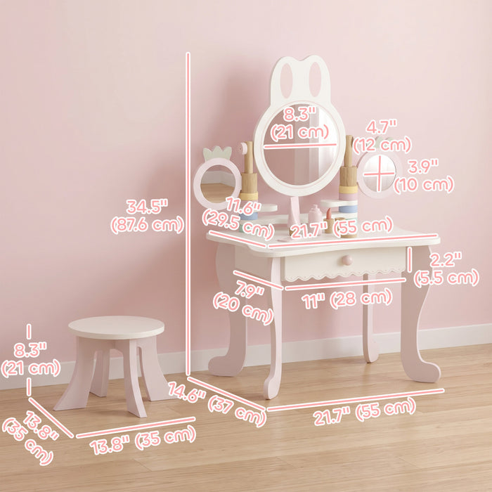 Qaba Kids Vanity Set, Kids Makeup Vanity Table and Chair with Triple Mirrors and 5 Pcs Accessories, Toddler Dressing Table with Drawer, Pretend Makeup Playset for Girls 3+, Pink