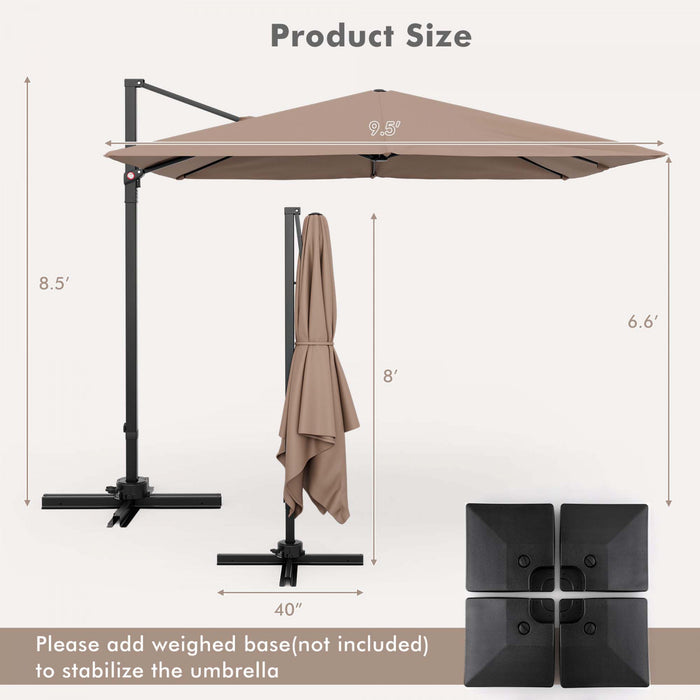 Costway Patio 9.5FT Square Cantilever Offset Hanging Umbrella 2-Tier 360° Outdoor Coffee