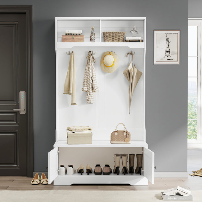 Ethan Hall Tree Coat Rack with Shoe Cabinet Hooks and Storage,White