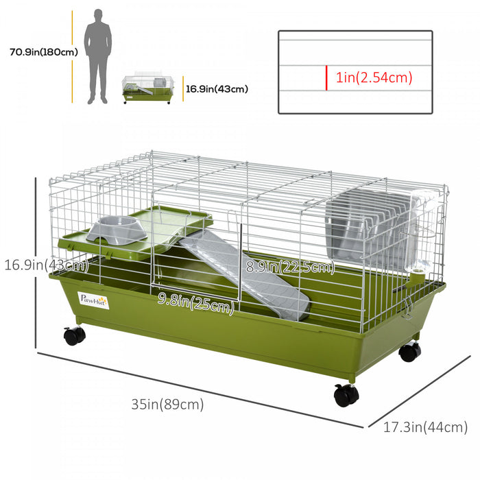 Pawhut 35\" Small Animal Cage, Rolling Bunny Cage, Guinea Pig Cage With Food Dish, Water Bottle, Hay Feeder, Platform, Ramp For Ferret Chinchilla, Green