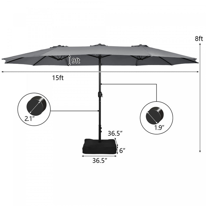 Costway 15FT Double-Sided Twin Patio Umbrella Outdoor Market W/ Crank & Base Grey