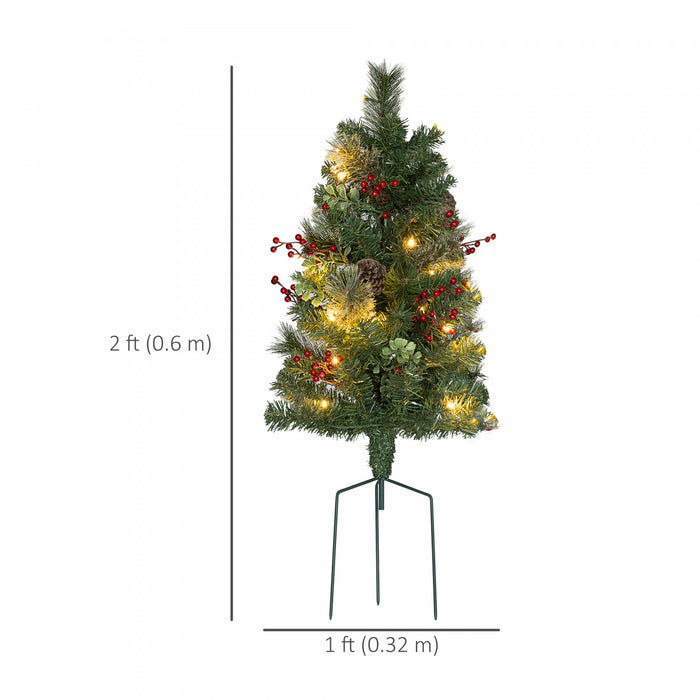 Homcom 2ft 2 Pack Lighted Small Christmas Tree With Red Berries Green