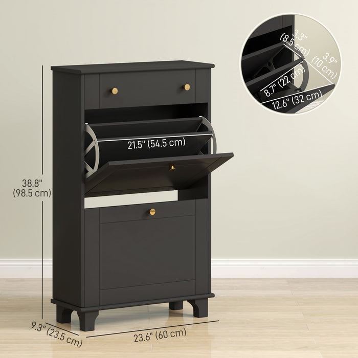 HOMCOM Narrow Shoe Cabinet w/ 2 Flip Drawers, Shoe Storage Cabinet, Black