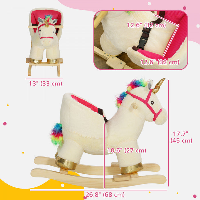 Qaba Baby Rocking Horse, Plush Animal Rocker For Toddlers Aged 18-36 Months, Stuffed Ride Toy With Sounds, Seat Belt, Cream White