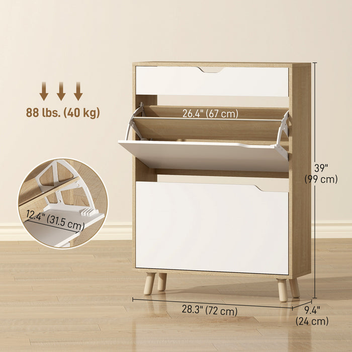 HOMCOM Narrow Shoe Cabinet Shoe Storage Cabinet with 2 Flip Drawers, White
