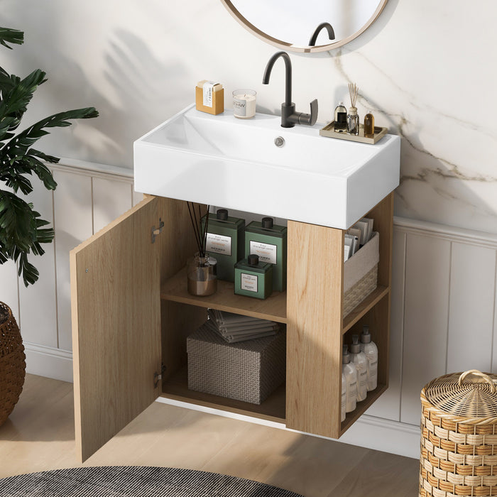 Camille Floating Bathroom Vanity with Ceramic Sink and Right Side Storage, Natural