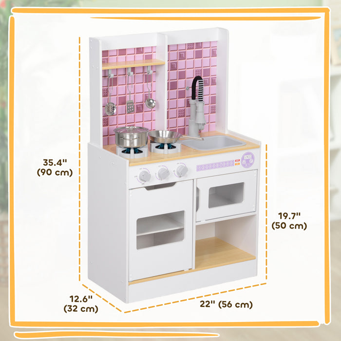 Qaba Play Kitchen, Kids Kitchen Playset With Realistic Lights & Sounds, Sink, Oven, Stove, Pretend Play Kitchen For Toddlers, Gift For Girls Boys, Ages 3+, White