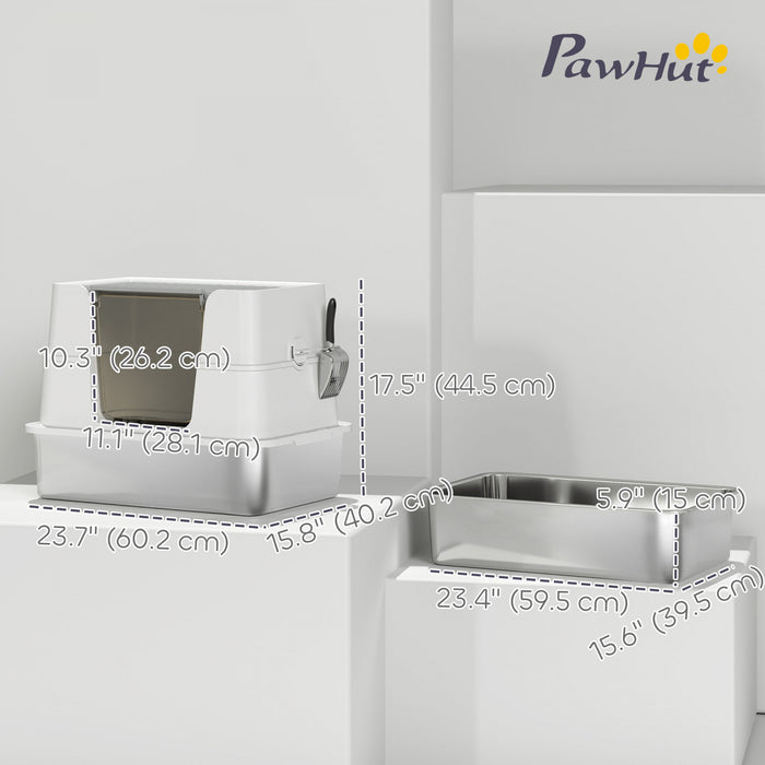 PawHut XL Stainless Steel Cat Litter Box with Lid, Extra Large Covered Cat Litter Box for Indoor Kittens with Filp Top, Scoop, Easy Clean, Non-Sticky, No Leakage, Light Grey