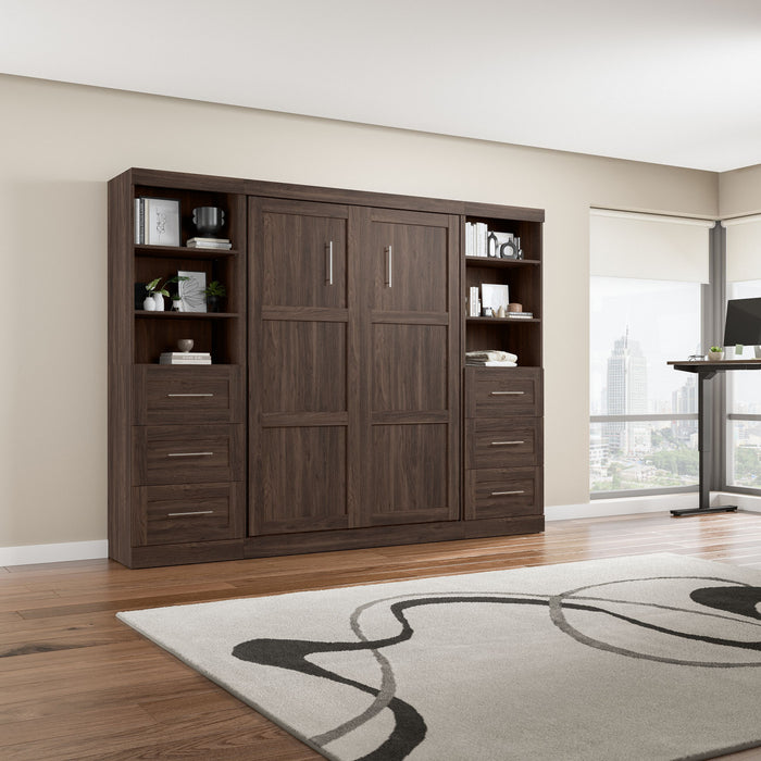 Bestar Pur 109\" Full Murphy Bed and 2 Shelving Units with Drawers - Black Walnut