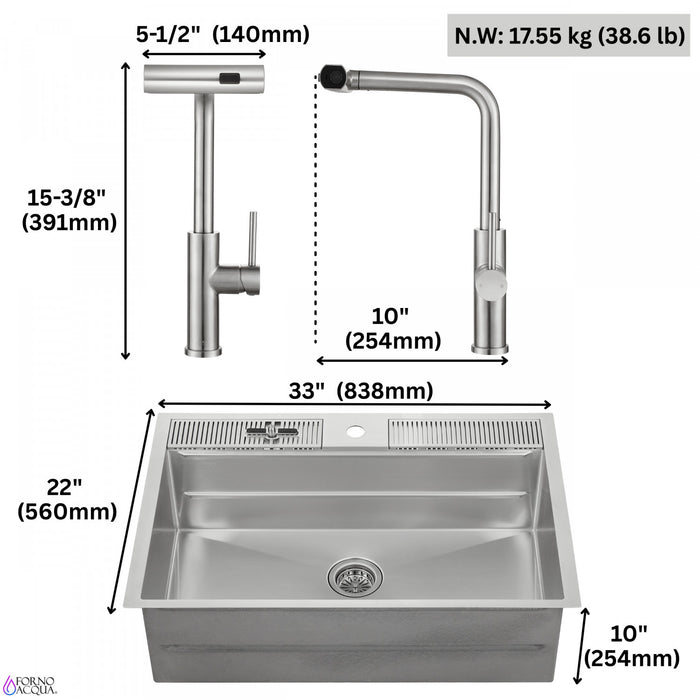 MultiSINK 33 in. Dual Mounted 3-Level Workstation Kitchen Sink, Faucet, Glass Rinser,Stainless Steel -D-XP30 Laundry Combo