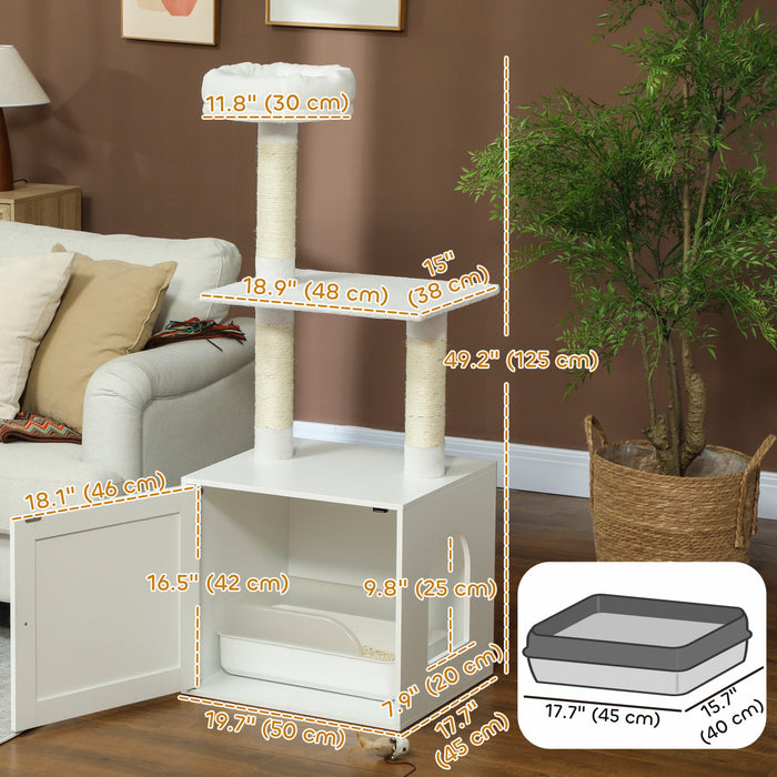 Pawhut Cat Tree With Litter Box Enclosure, Hidden Cat Tower With Sisal Covered Scratching Posts, Large Platform, Bed, Modern Furniture For Indoor Kittens, White