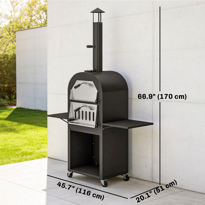 Outsunny Outdoor Wood Fired Pizza Oven with Side Shelves and Open Cabinet, Pizza Maker on Wheels with Thermometer, Stone, Peel, Cover, Grill Grate, for Barbecue, Picnic, Camping