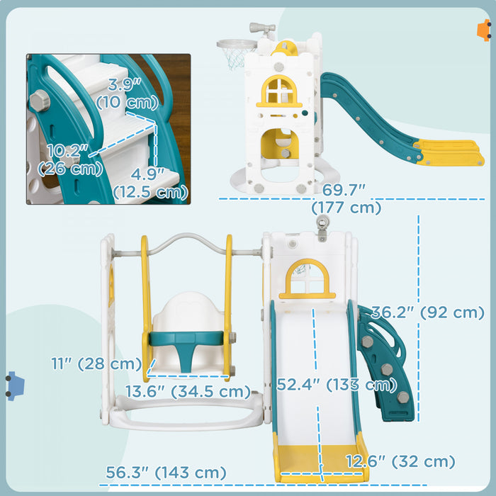 Qaba 6-in-1 Slide And Swing Set With Basketball Hoop, Climber, Baby Swing Set Indoor Playground With Storage Space, Telescope, For Aged 1-3 Years Old, Yellow