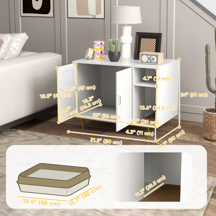 Pawhut Cat Litter Box Enclosure, Litter Box Furniture With Scratching Pad, 2-door Storage Cabinet, Indoor Cat House For Living Room, Bedroom, 31.5\" X 20\" X 24\", White