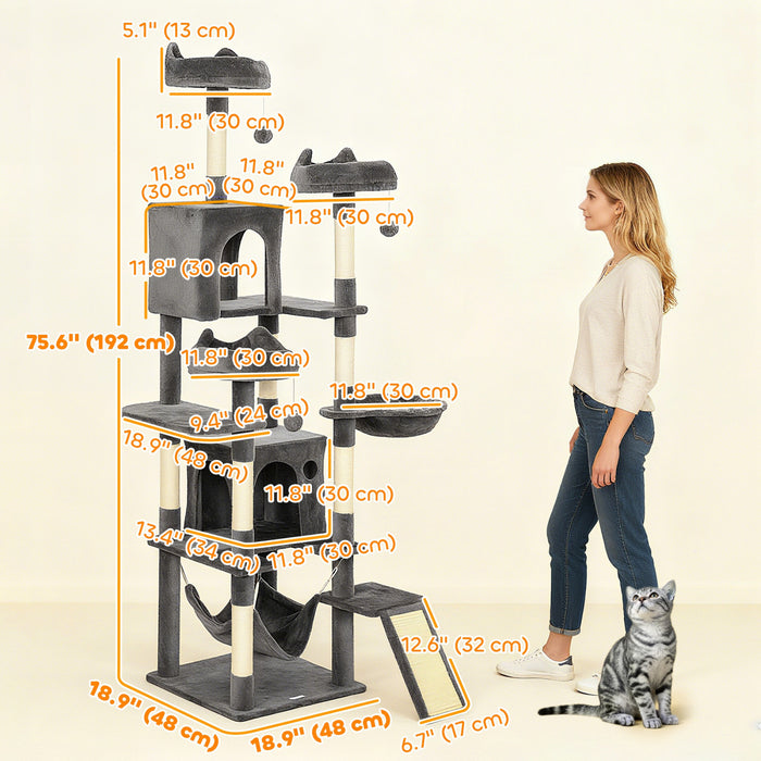 PawHut Cat Tree, 76 Inches Large Multi-Level Cat Tower for Indoor Kittens with 8 Scratching Posts, 3 Plush Beds, 2 Hammocks, 2 Large Condos, Ramp, Pompoms, Dark Grey