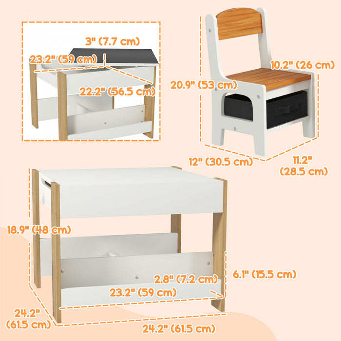 Qaba 3 Piece Kids Table And Chair Set, 2 In 1 Toddler Table And Chair Set With Reversible Tabletop, Blackboard, Storage, Bookshelves, For Playroom, Nursery, Classroom, Nature Wood