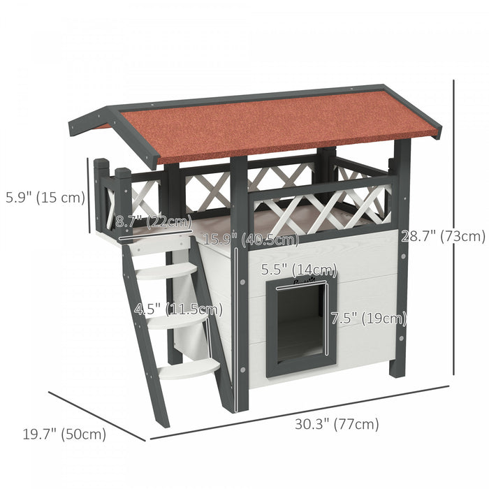 Pawhut Outdoor Cat House, 2-story Shelter For Feral Cats, Wooden Kitten Condo With Asphalt Roof, Stairs, Balcony, 30\" X 20\" X 29\", White