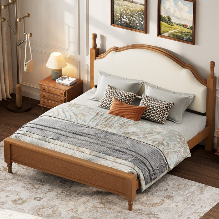 Miles Queen Size Wood Platform Bed with Curved Upholstered Headboard, Brown
