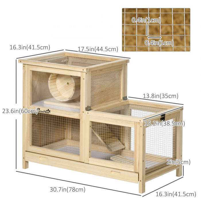 Pawhut Wooden Hamster Cage, Mice Rodent Small Animals Kit Hutch, 2 Tiers Exercise Play House, With Sliding Tray, Ladder, Seesaw, Running Wheel, Openable Roofs, 31\" X 16\" X 23.5\", Natural Wood