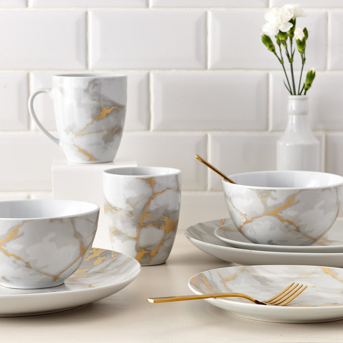 20-Piece Grey Marble Porcelain Dinnerware Set with Gold Veining & Gold Flatware