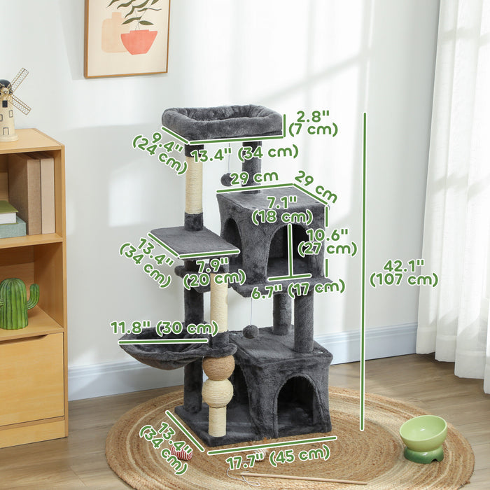 Pawhut Cat Tree, 42\" Cat Tower For Indoor Cats Multi-level With Padded Plush Perch, Cozy Hammock, 2 Door Condos, Scratching Posts, Toy Balls, Dark Grey