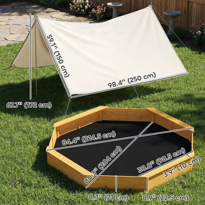 Qaba Large Octagon Kids Sandbox 84\" x 84\" x 9\" with Canopy, Outdoor Wooden Sand Box with 4 Bench Seats and Bottom Liner, Sand Pit for Backyard Garden, Fits 8 Kids Ages 3-8, Yellow