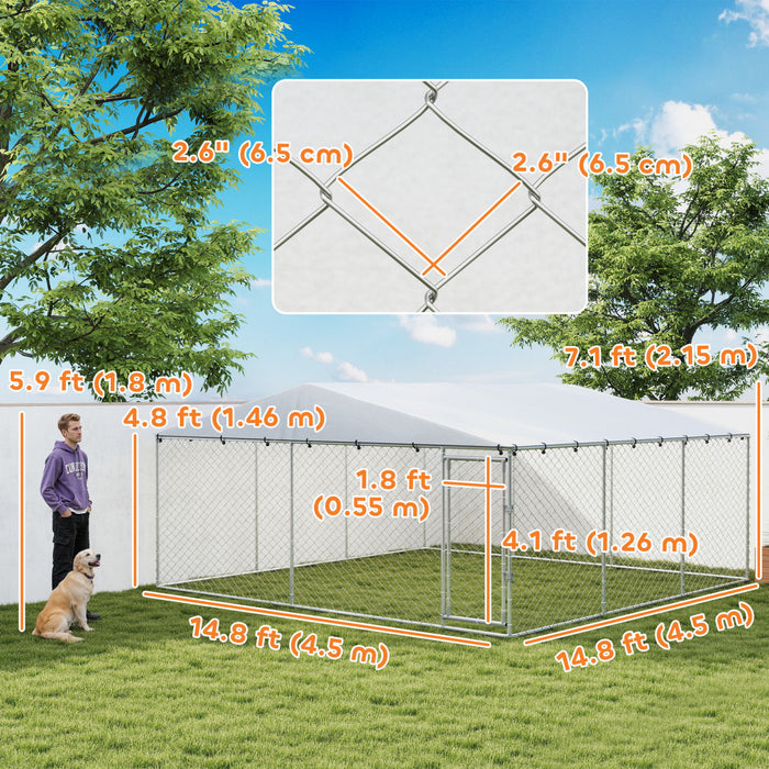 PawHut Outdoor Dog Kennel, Heavy Duty Dog Run Outdoor Fence with Waterproof Cover, Galvanized Chain Link, Secure Lock, for Large Breeds, Chickens, Ducks, 14.8' x 14.8' x 7.1'