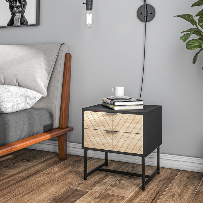 HOMCOM Nightstand with 2 Drawers and Steel Frame, Side Table, Black
