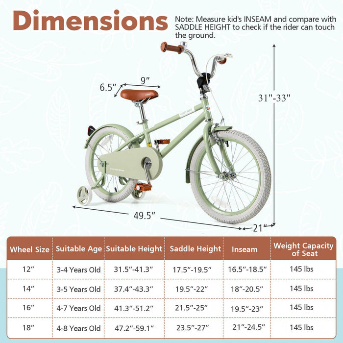 Costway 18\" Kids Bike With Adjustable Saddle Handlebar Removable Training Wheels Handbrake Green