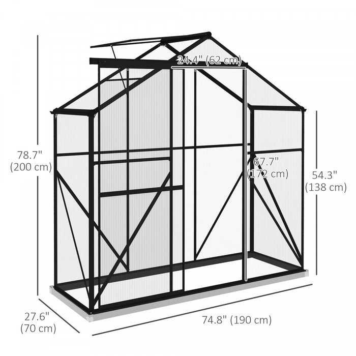 Outsunny 6' X 2.5' Polycarbonate Greenhouse, Walk-in Green House With Sliding Door, 5-level Roof Vent, Rain Gutter, Aluminium Garden Plants Warm Grow House With Foundation, Black